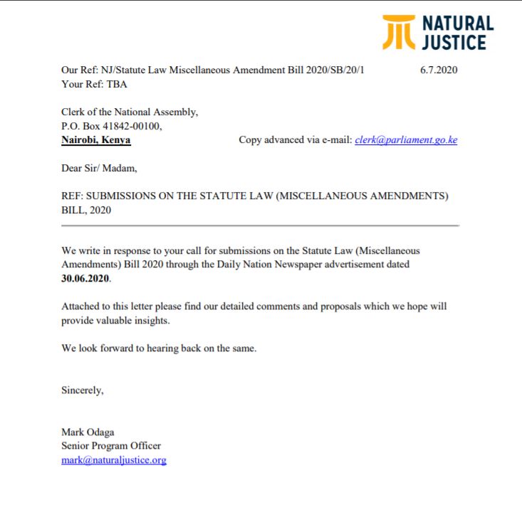 Submissions on the Statute Law (Miscellaneous Amendments) Bill, 2020