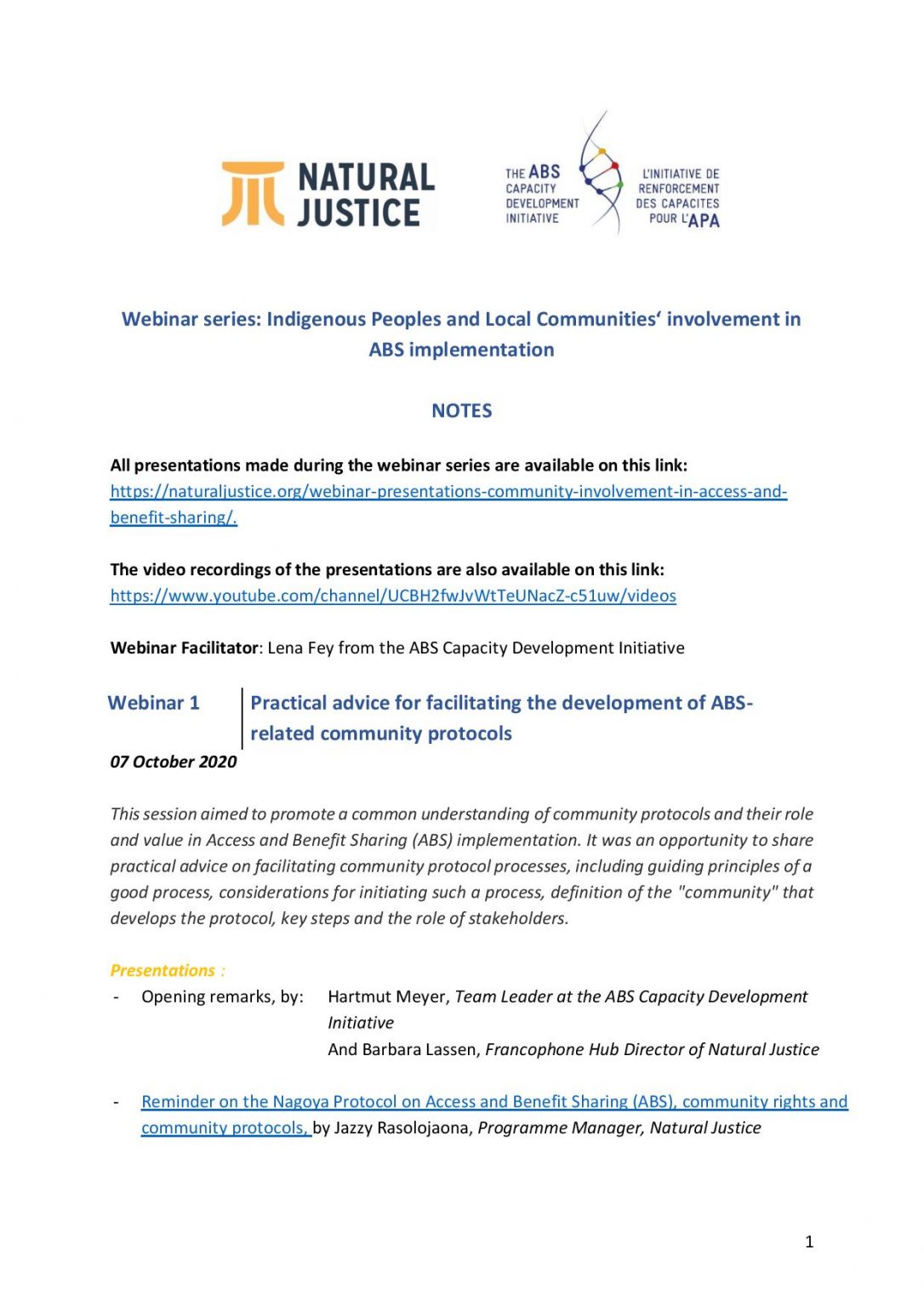 inar series Indigenous Peoples and Local Communities‘ involvement in ABS implementation