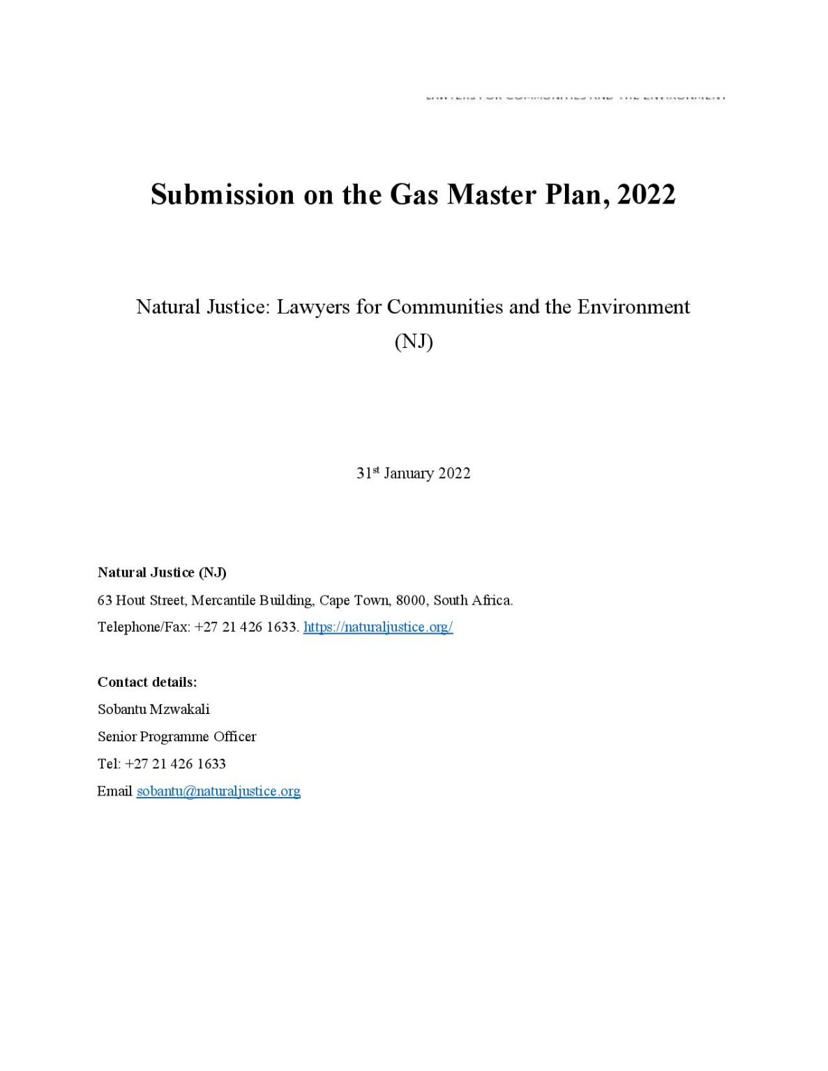 Submission Gas Master Plan (South Africa)